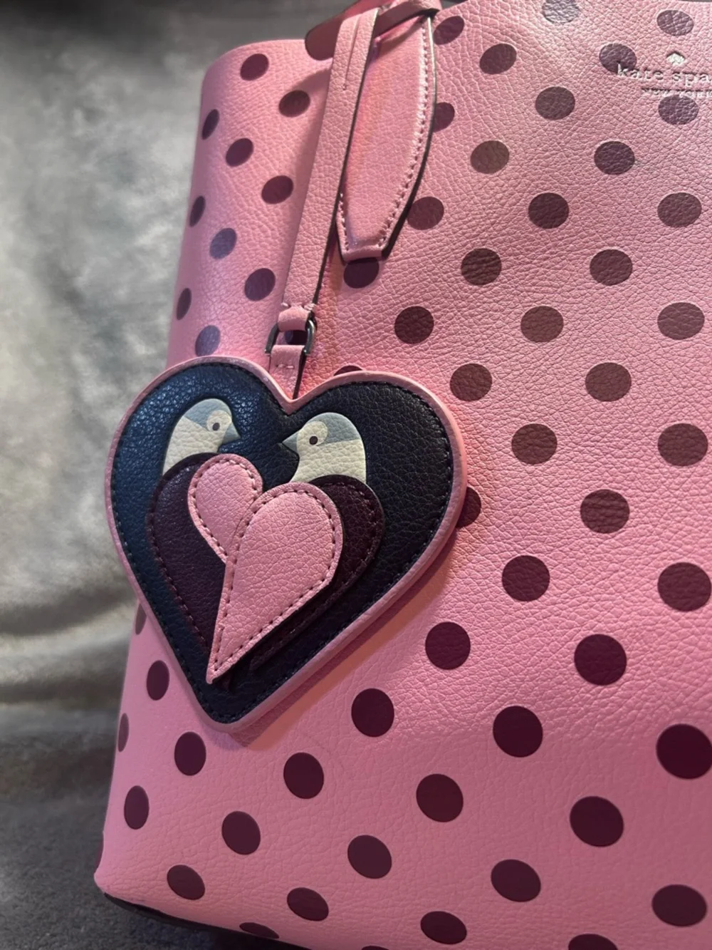 Kate Spade Arch Lovebirds Reversible Polkadot Tote w/ Bag Charm - Picture 4 of 12